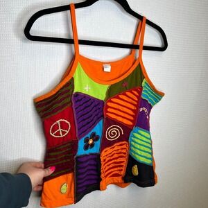 Ocean Queen Himalayan Handicrafts Patchwork Embroidered Cotton Cami Tank Top M